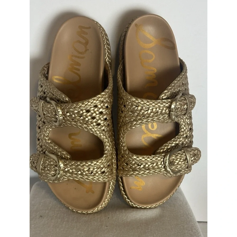 Sam Edelman Reid Woven Double Buckle Platform Sandals Gold Women's Size 9.5